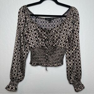 Almost Famous Cropped Top Medium Black Tan Geometric Long Sleeve Ruched 90s Boho